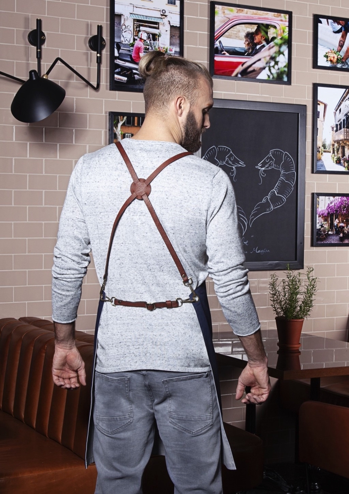 Professional reverse denim apron with leather straps Vondrak design